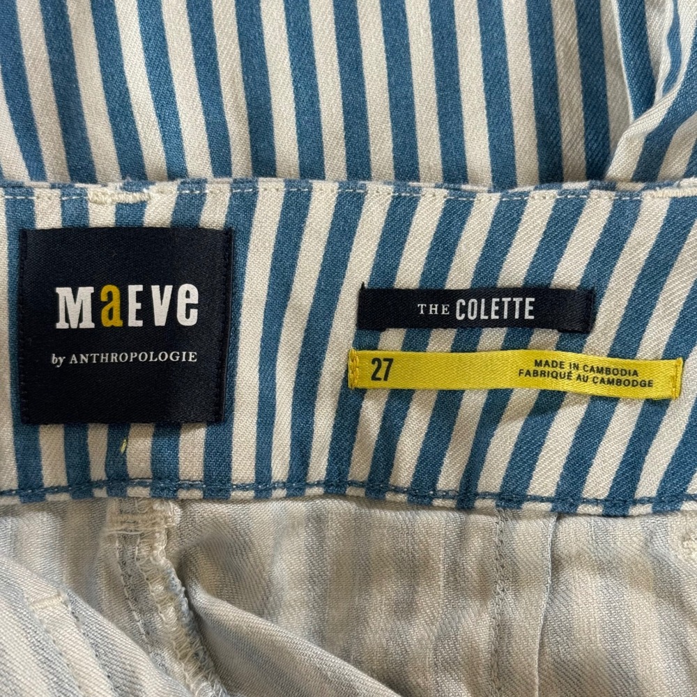 Maeve Anthropologie The Colette Blue White Stripe Linen Wide Leg Crop Pants 27 - Picture 5 of 7